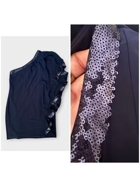 Betsy & Adam one shoulder navy blue sequin dress